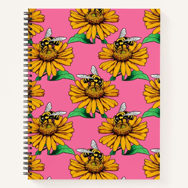 Bee on Sunflower Flower Pattern Design Pink Notebook (Front)