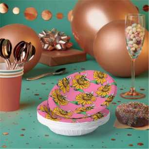 Bee on Sunflower Flower Pattern Design Pink Paper Plate
