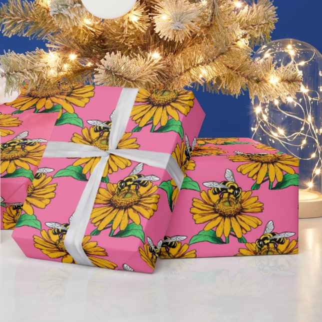 Bee on Sunflower Flower Pattern Design Pink Wrapping Paper (Holidays)