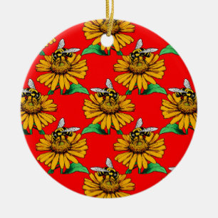 Bee on Sunflower Flower Pattern Design Red Ceramic Tree Decoration