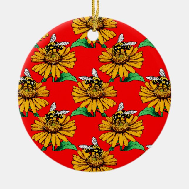 Bee on Sunflower Flower Pattern Design Red  Ceramic Tree Decoration (Front)