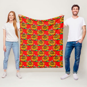 Bee on Sunflower Flower Pattern Design Red Fleece Blanket