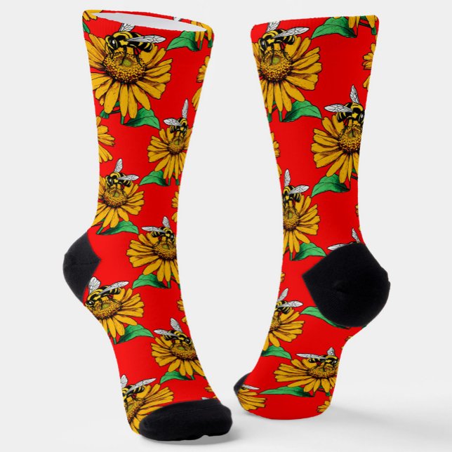 Bee on Sunflower Flower Pattern Design Red  Socks (Creator Uploaded)