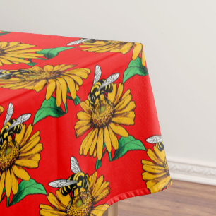 Bee on Sunflower Flower Pattern Design Red Tablecloth