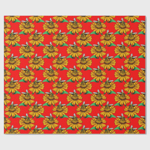 Bee on Sunflower Flower Pattern Design Red  Wrapping Paper