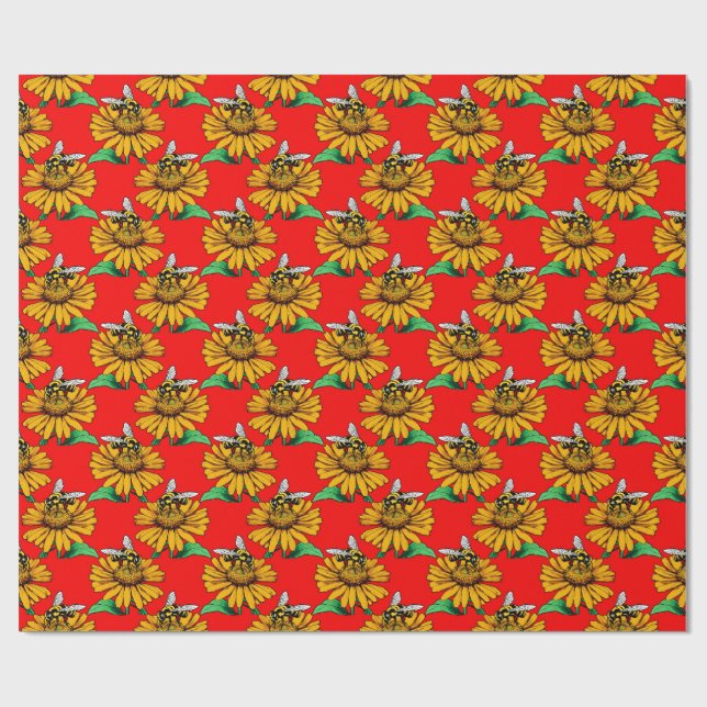 Bee on Sunflower Flower Pattern Design Red  Wrapping Paper (Flat)