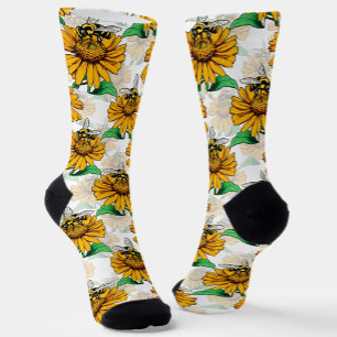 Bee on Sunflower Flower Pattern Design Socks