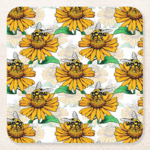 Bee on Sunflower Flower Pattern Design Square Paper Coaster