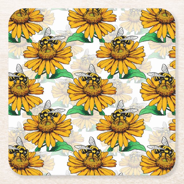 Bee on Sunflower Flower Pattern Design  Square Paper Coaster (Front)