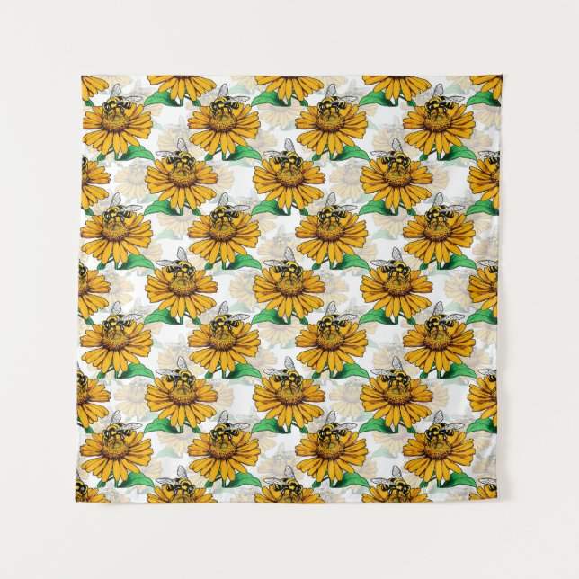 Bee on Sunflower Flower Pattern Design  Tapestry (Front)