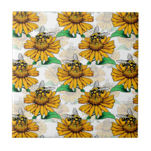 Bee on Sunflower Flower Pattern Design  Tile