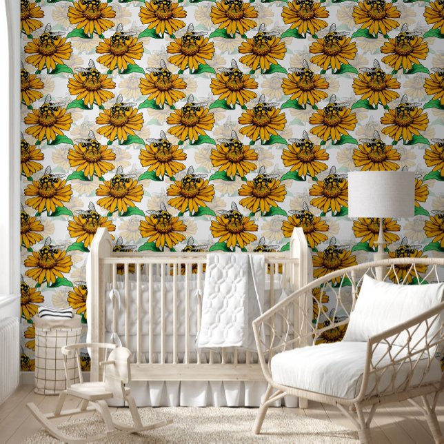 Bee on Sunflower Flower Pattern Design  Wallpaper (Creator Uploaded)