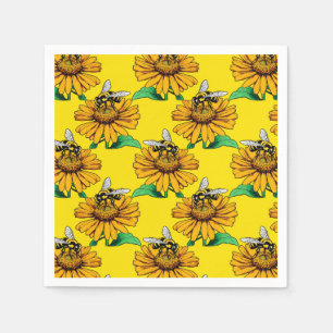 Bee on Sunflower Flower Pattern Design Yellow  Napkin
