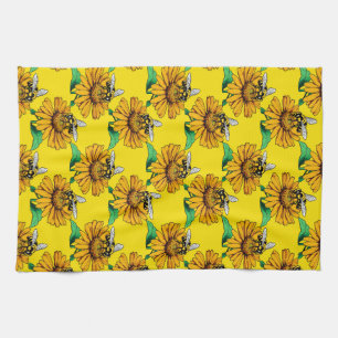 Bee on Sunflower Flower Pattern Design Yellow  Tea Towel