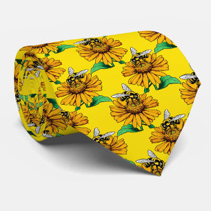 Bee on Sunflower Flower Pattern Design Yellow  Tie