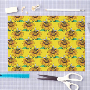 Bee on Sunflower Flower Pattern Design Yellow  Tissue Paper