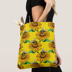 Bee on Sunflower Flower Pattern Design Yellow Tote Bag