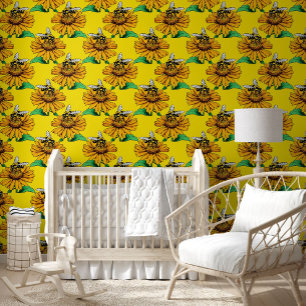 Bee on Sunflower Flower Pattern Design Yellow Wallpaper