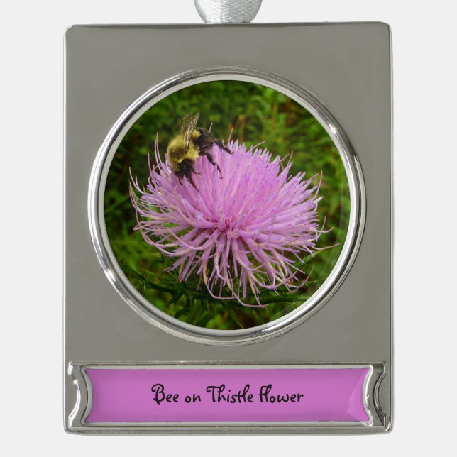 Bee on Thistle Flower Nature Silver Plated Banner Ornament (Front)