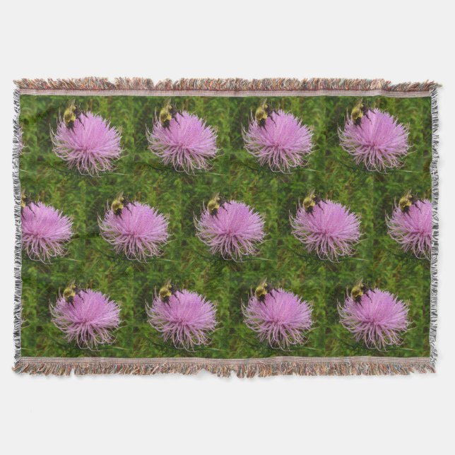 Bee on Thistle Flower Nature Throw Blanket (Front)