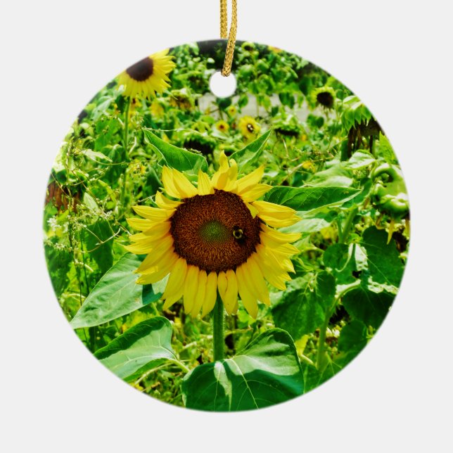 Bee on yellow Sunflower Ceramic Tree Decoration (Front)