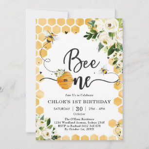 Bee One Honey Bee Floral 1st Birthday Invitation