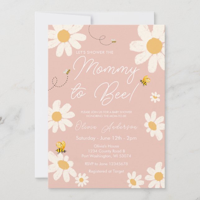 Bee Pink Daisy Retro Mummy to Bee Baby Shower  Invitation (Front)