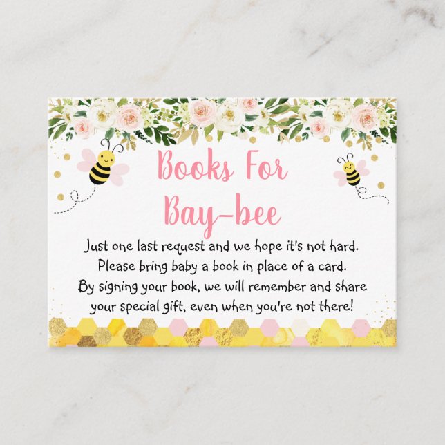 Bee Pink Gold Floral Baby Shower Book Request Enclosure Card (Front)
