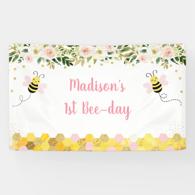 Bee Pink Gold Floral Birthday Banner (Horizontal)