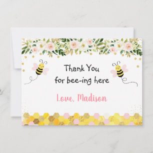 Bee Pink Gold Floral Birthday Thank You Card