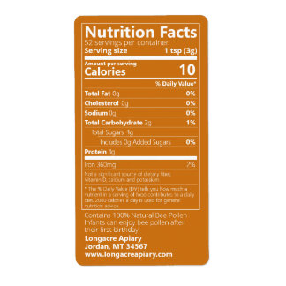 Bee Pollen Nutrition Facts Amber Label