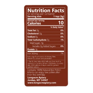 Bee Pollen Nutrition Facts Dark Amber Label