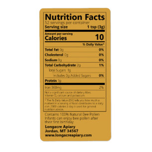 Bee Pollen Nutrition Facts Light Amber Label