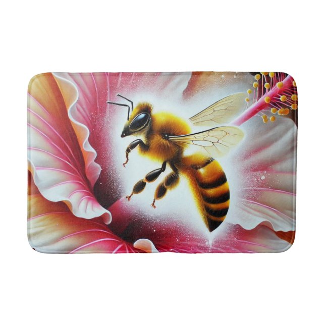 Bee Pollinating a Blooming Hibiscus Flower Bath Mat (Front)