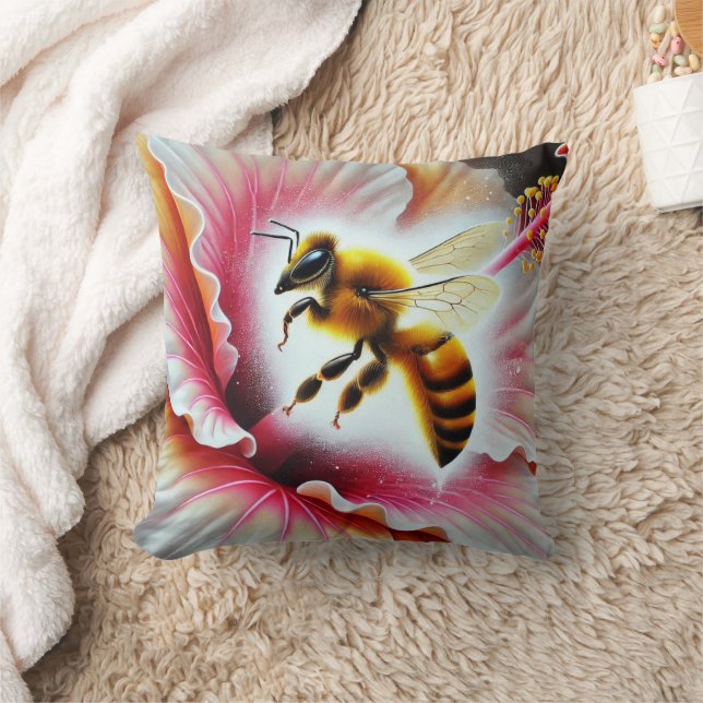 Bee Pollinating a Blooming Hibiscus Flower Cushion (Blanket)