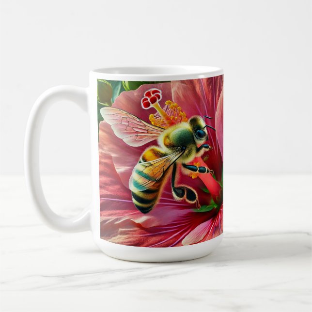 Bee Pollinating a Vibrant Hibiscus Flower  Coffee Mug (Left)
