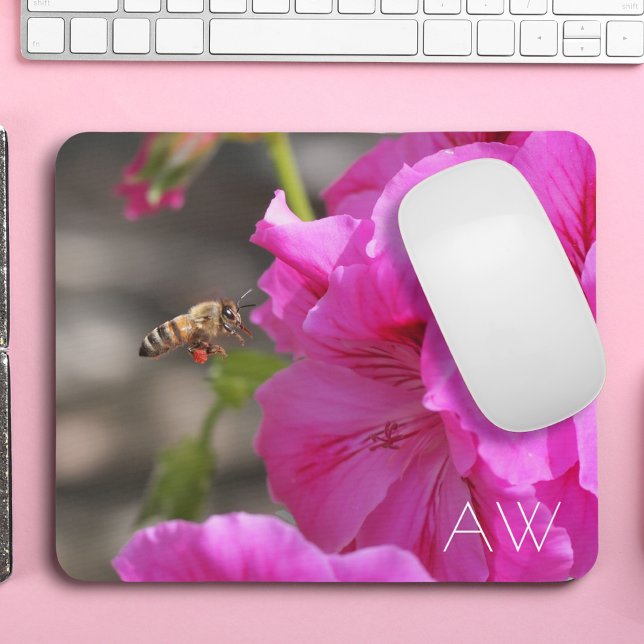 Bee Pollinating Pink Floral Monogram Mouse Pad (Creator Uploaded)