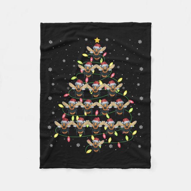 Bee Santa Christmas Tree Lights Ugly Sweater Style Fleece Blanket (Front)