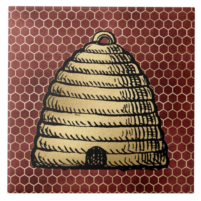 Bee Skep Hive Rustic Gold Honeycomb Red Tile (Front)