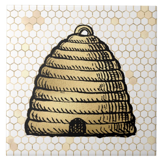 Bee Skep Hive Rustic Gold Honeycomb Tile (Front)
