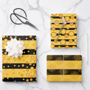 Bee Stripe Patterns Yellow and Black with Hexagons Wrapping Paper Sheet