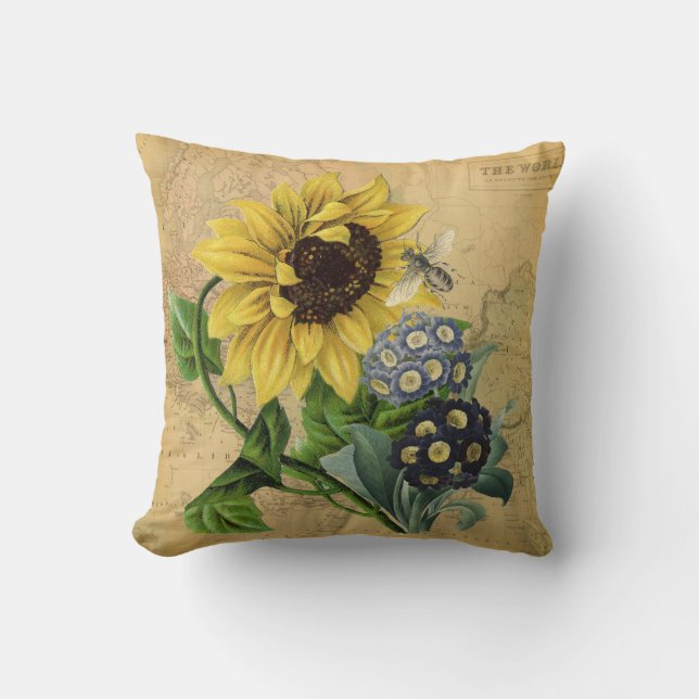 Bee Sunflower Floral & Vintage Map Cushion (Front)
