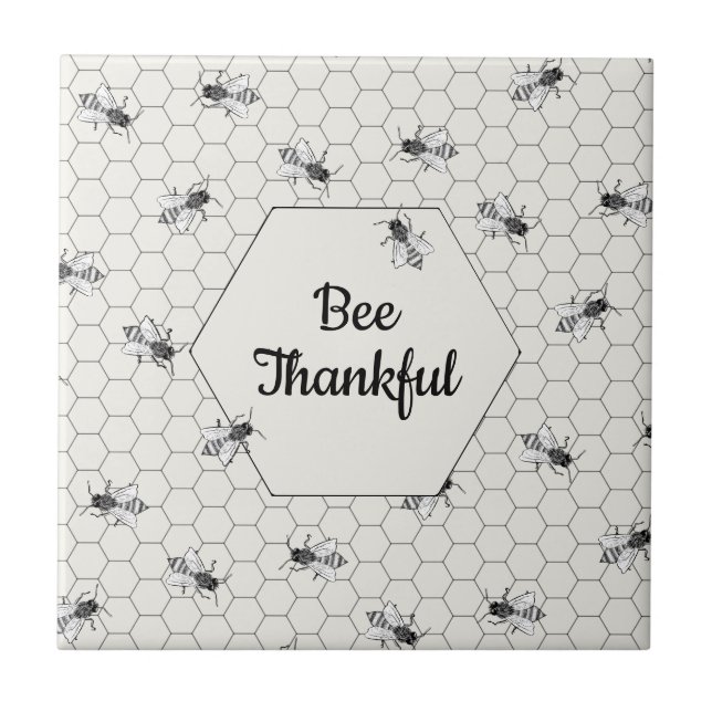 Bee Thankful Honey Bee Quote Ivory White Tile (Front)