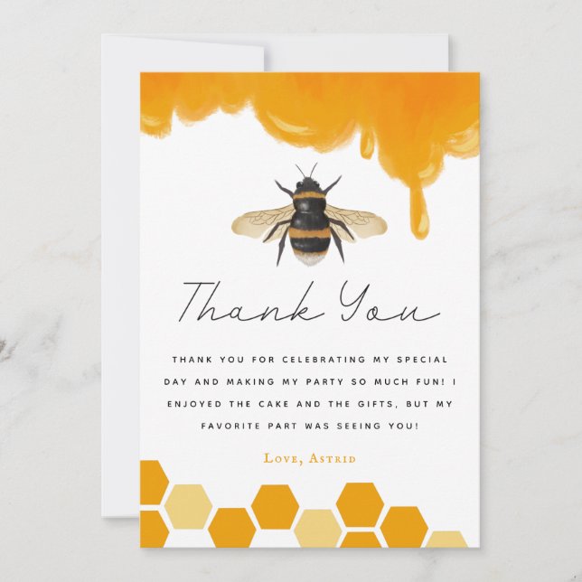 Bee Theme Birthday Party Yellow Thank You Card (Front)