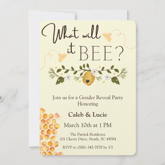 Bee Theme Gender Reveal Party Invitation  (Front)