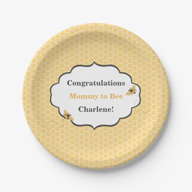 Bee Theme Honeycomb Gold & Grey Paper Plate (Front)