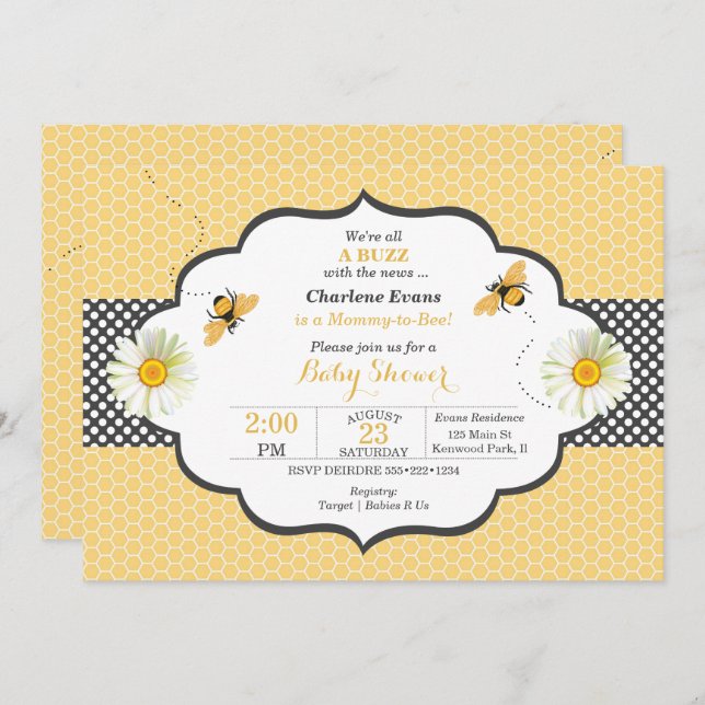 Bee Theme Honeycomb Gold & Grey Polka Dot Invitation (Front/Back)