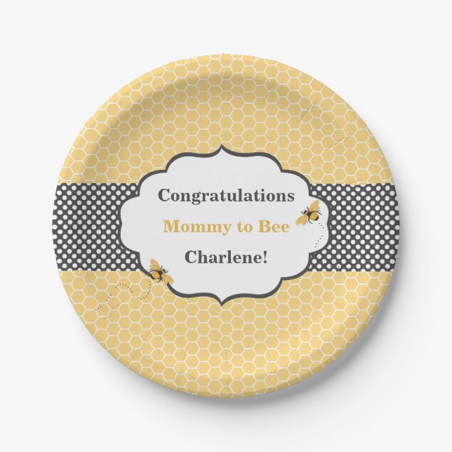 Bee Theme Honeycomb Gold & Grey Polka Dot Paper Plate (Front)