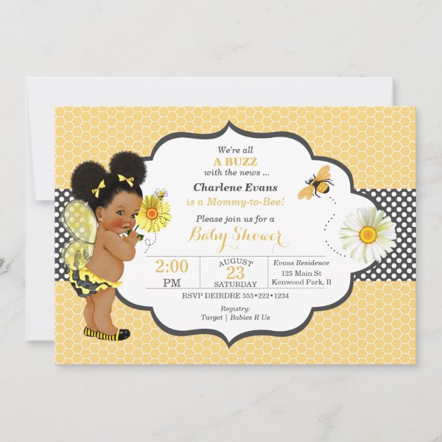 Bee Theme Yellow Gold Dot Baby Girl Puffs Invitation (Front)