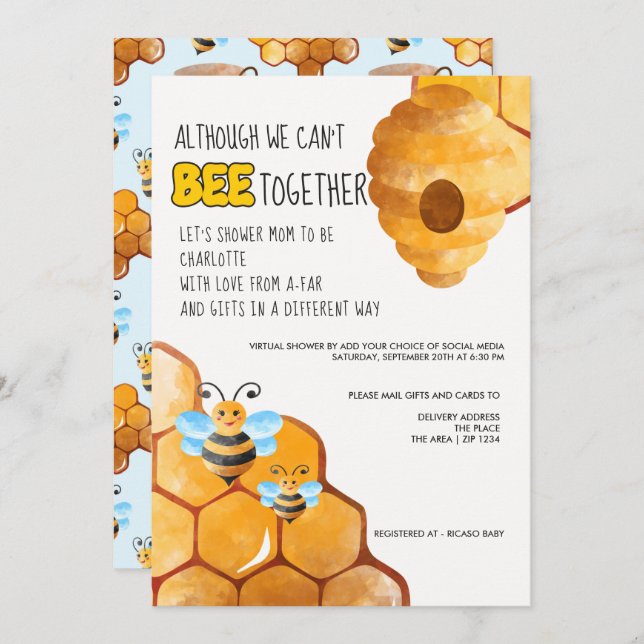 Bee Themed  Cant Be Together Baby Shower by Mail Invitation (Front/Back)